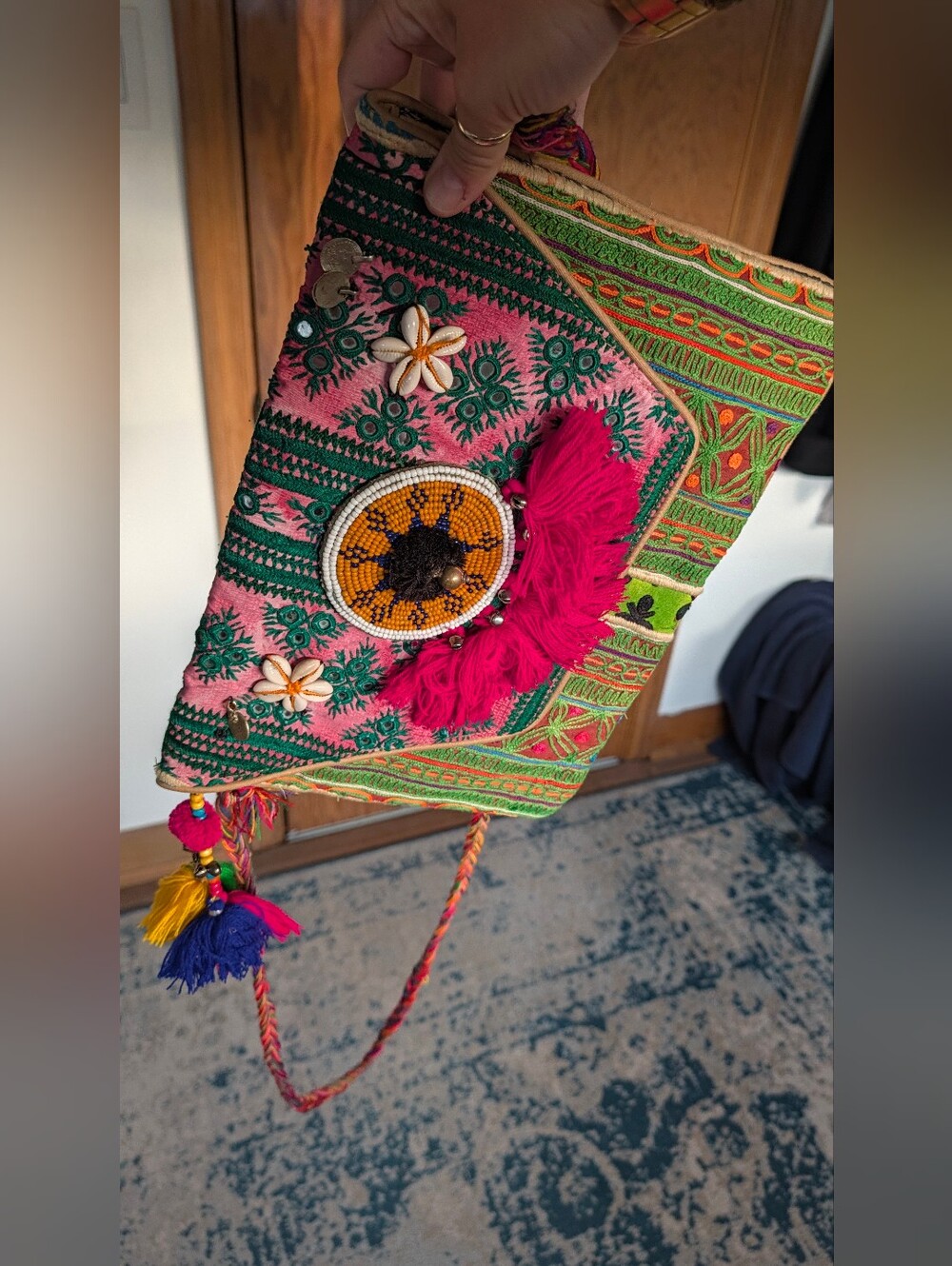 New Delhi Hand Made Boho Embroidered Pink & Green Crossbody Clutch